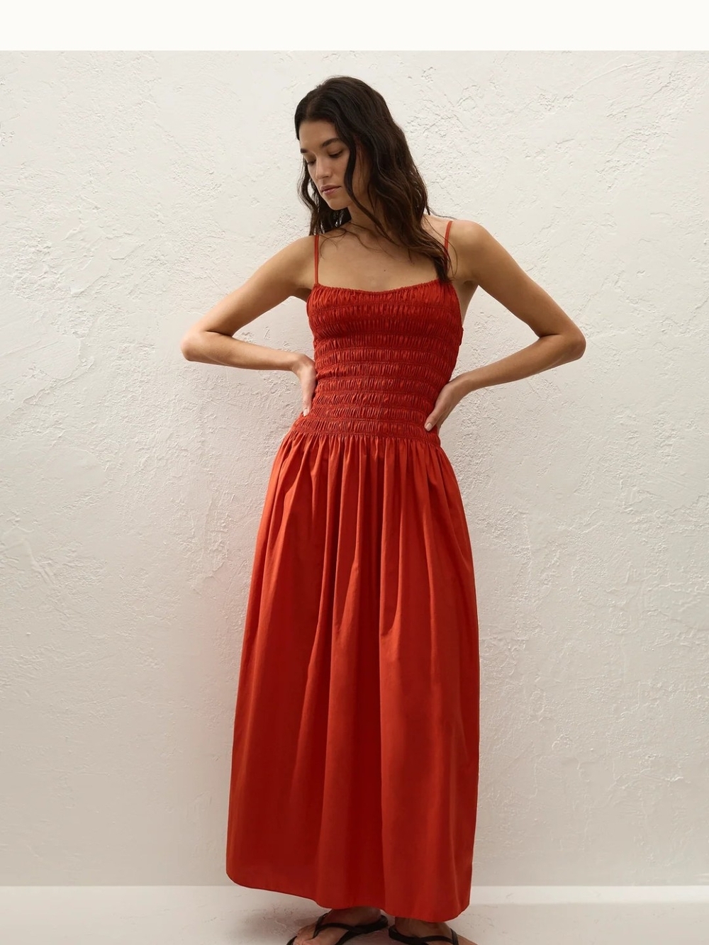 Faithfull the Brand Rust Orange Smocked Maxi Dress